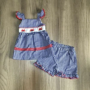 NEW Boutique Girls Crab Blue Gingham Outfit Set 4th of July - Picture 1 of 2