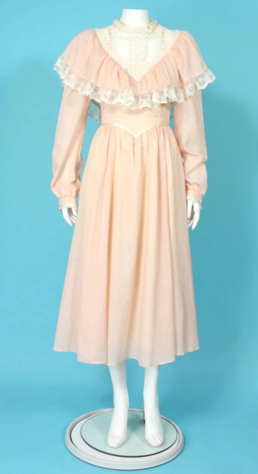 Vintage Jessica McClintock Pale Pink Lace High Collar Cottagecore Dress sz 5 804 - Image 1 of 4