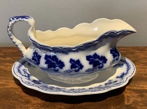 Antique: Johnson Brothers Normandy Flow Blue Gravy Pitcher with Attached Plate - Picture 1 of 4