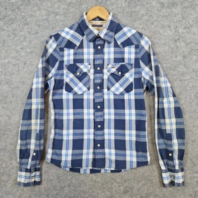 Hollister Blue Plaid Pearl Snap Shirt Size S Surfer Cut Cowboy Western FLAWS - Image 1 of 4
