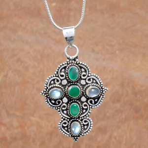 Ciondolo a prezzi accessibili croce in argento sterling 925 pietra preziosa labradorite e onice verde - Foto 1 di 8