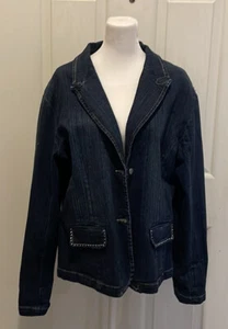 Stretch Denim Jean Jacket Rhinestone Faux Pockets 21” P2P 24” Length XL EUC - Picture 1 of 6