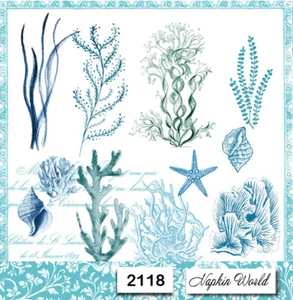 (2118) DOS servilletas de papel individuales para almuerzo - PLANTAS OCEÁNICAS ALGAS MARINAS - Imagen 1 de 3