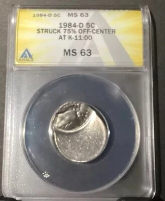 1984 D, Jefferson Nickel. Struck 75% Off Center at K-11:00  ANACS MS63, Error - Image 1 of 4