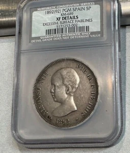 1892 PGM SPAIN SILVER 5 PESETAS 5P INFANT BUST NGC Details LOW MINTAGE - Picture 1 of 2