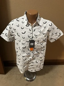 Free Planet Halloween SS Button Shirt White W/Black Bat Print Men's XS NWT $48 - Picture 1 of 5