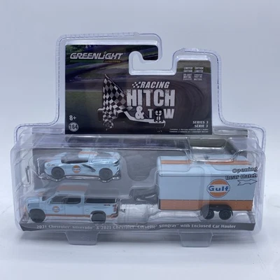 Greenlight Hitch & Tow Series Gulf Silverado Corvette enclosed hauler - Image 1 of 3