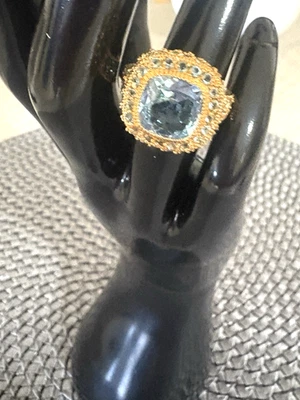 Sky Blue Topaz Faceted Cushion Cut Ring  18K Gold  .925 Sterling Silver 3.4 CTW - Image 1 of 4