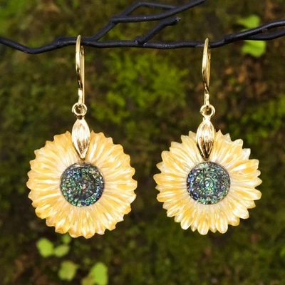 Sunflower Earring Mother-of-Pearl Paua Abalone Shell Gold Vermeil Sterling 4.34g - Image 1 of 4