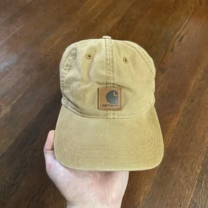 Carhartt Canvas Velcroback Hat Cap Leather Patch Beige Duck Canvas Workwear - Picture 1 of 7
