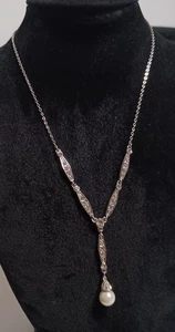 Vintage Silver-toned Rhinestone And Faux Pearl Lariat Necklace - Picture 1 of 5