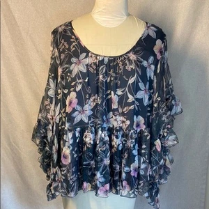 Johnny Was Walter Blue Floral Ruffle Scoop br Neck 100% Silk Blouse. Size L - Picture 1 of 9