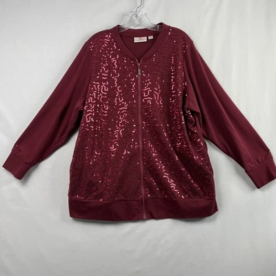 Quacker Factory Track Jacket Hoodie Womens 1X  Sequin Full Zip Burgundy Glam - Image 1 of 4