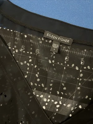 Eileen Fisher Black Sheer Chiffon Blouse Size L Black Laser Cut V-Neck Starlight - Image 1 of 4