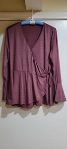 Bloomchic Top Damen Plus 18-20 weinrot vorne gebunden V-Ausschnitt Langarm Bluse, weiches T - Bild 1 von 7