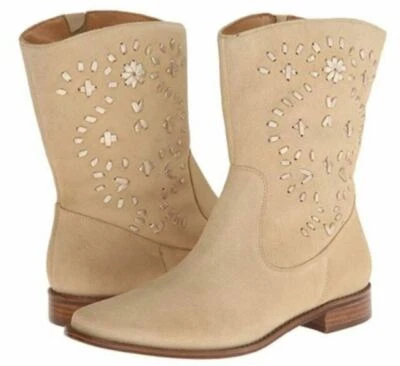 Jack Rogers Kaitlin Ankle Boots Ivory Suede Embroidered Pull On Leather - Image 1 of 4