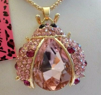 BETSEY JOHNSON SPARKLING PINK CRYSTAL & RHINESTONE LADYBUG PENDANT NECKLACE - Image 1 of 4