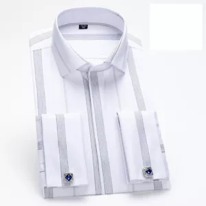 Abito da uomo camicie polsino francese a righe maniche lunghe camicie aziendali formali camicia - Foto 1 di 4