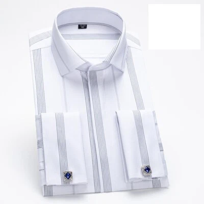 Mens Dress Shirts French Cuff Striped Long Sleeves Formal Business Camisas Shirt - Image 1 of 2