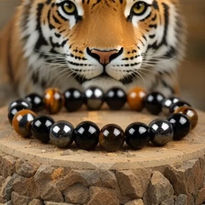 Triple Protection 10MM Bead Tiger Eye Obsidian Hematite Man's Stretch Bracelet - Picture 1 of 8