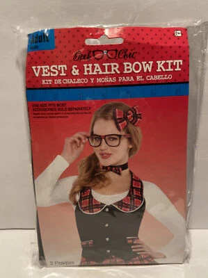 Nuevo Geek Colegiala Chaleco Y Pelo Moño Kit Halloween Disfraz Geek Elegante Sexy Foto 1 de 2