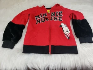 Disney Girls Minnie Mouse Zip Up Jacket With Hood Bow Faux Fur On Sleeves 6/6X - Picture 1 of 4