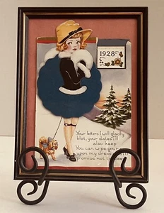 Calendario vintage secante de tinta niña perro caminando fantasía 1928 poema 3D arte de escena de invierno - Imagen 1 de 6