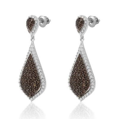 2.67 Ct Round White Brown Natural Diamond Drop Dangle Sapphire 925Silver Earring - Image 1 of 4