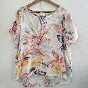C&C California Shirt Womens 1X White Hawaiian Floral Linen S/S Beachy Top - Picture 1 of 8