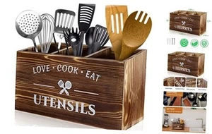 Brown Utensil Holder Rustic Wood Utensil Caddy Crocks with 3 Compartments for - Picture 1 of 7