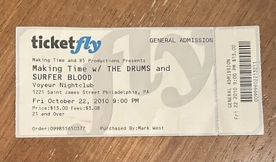 2010 SURFER BLOOD & THE DRUMS FULL CONCERT TICKET  VOYUER NIGHTCLUB PHILADELPHIA - Image 1 of 4