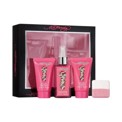 Ed Hardy Pour Femme 4 件套礼品套装女士喷雾、乳液、洗涤和蒸锅立方体全新带盒 — 第 1/3 张图片