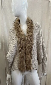 UNBRANDED Oatmeal Beige Fur Trimmed Cable Knit Open Cardigan w/ Ruched Back O/S - Picture 1 of 7