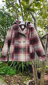 Old Navy Girls Wool Blend Pea Coat Brown/Pink Plaid Double Breasted Size XL (14) - Picture 1 of 3