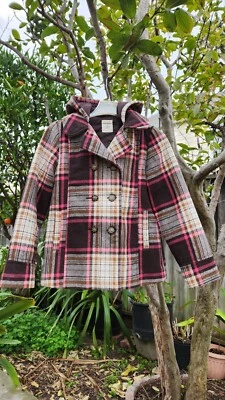 Old Navy Girls Wool Blend Pea Coat Brown/Pink Plaid Double Breasted Size XL (14) - Image 1 of 3