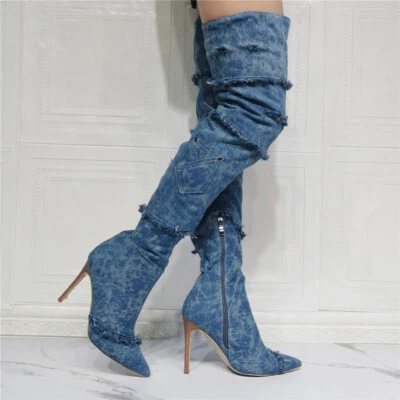Women Denim Over Knee Boots Platform Stiletto High Heels Peep Toe Shoes Clubwear - Image 1 of 4