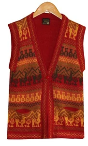 Chaleco de alpaca, talla S, dorado, rojo, 60% lana de alpaca, adorno patrón Perú, alpacas - Imagen 1 de 1