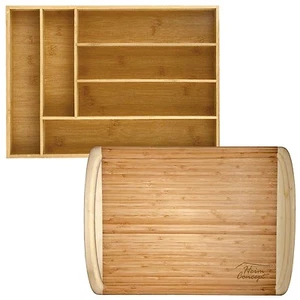 Bio Bambus Schublade 6 Fächer Organizer Tablett Aufbewahrung + 1" großes Schneidebrett - Bild 1 von 9