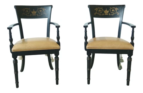 32428EC: Pair DREXEL Neo Classical Black Decorated Armchairs Cover