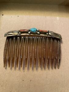 Vintage Sterling Silver Hand Crafted Turquoise And Coral Hair Comb