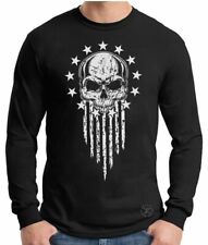 AMERICAN WARRIOR PATRIOT Long Sleeve T-Shirt ~ USA Flag Skull Tee ~ Military Vet