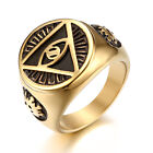 Men Gold Plated Stainless Steel Illuminati All-Seeing-Eye Pyramid Band Ring 7-13