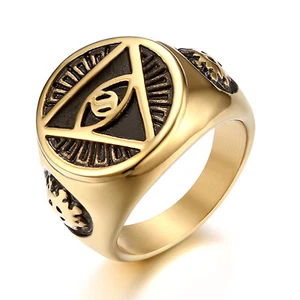 Men Gold Plated Stainless Steel Illuminati All-Seeing-Eye Pyramid Band Ring 7-13 - Picture 1 of 7