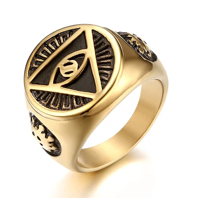 Men Gold Plated Stainless Steel Illuminati All-Seeing-Eye Pyramid Band Ring 7-13 - Image 1 of 4