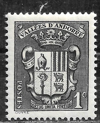 HICK GIRL - SELLO ANDORRA FRANCÉS COMO NUEVO SC#65 1937 ESCUDO DE ARMAS M7 Foto 1 de 2