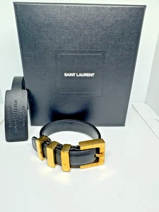 Saint Laurent Paris YSL Women Small Goldtone Metal Black Leather Bracelet 10" BX - Picture 1 of 15