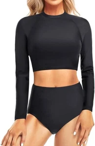 Costume da bagno 2 pezzi nero UV UPF 50+ camicia da bagno con fondo 18W - Foto 1 di 4