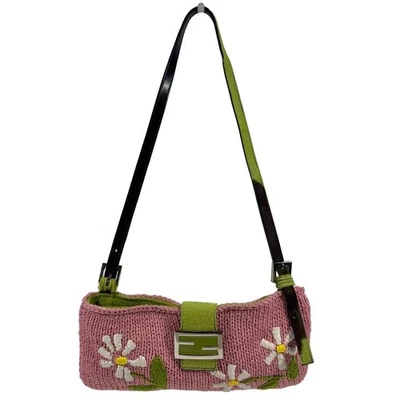 Fendi Vintage Pink Knit Floral Green Cow Print Pony Hair Trim Baguette Bag - Image 1 of 4