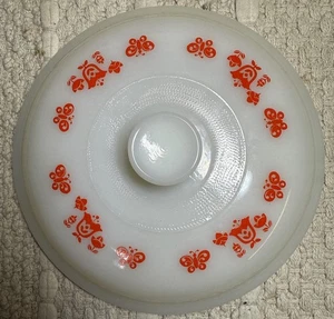 Vintage Fire King Lid White with Red Tulip Flowers and Butterflies 7" Milk Glass - Picture 1 of 4