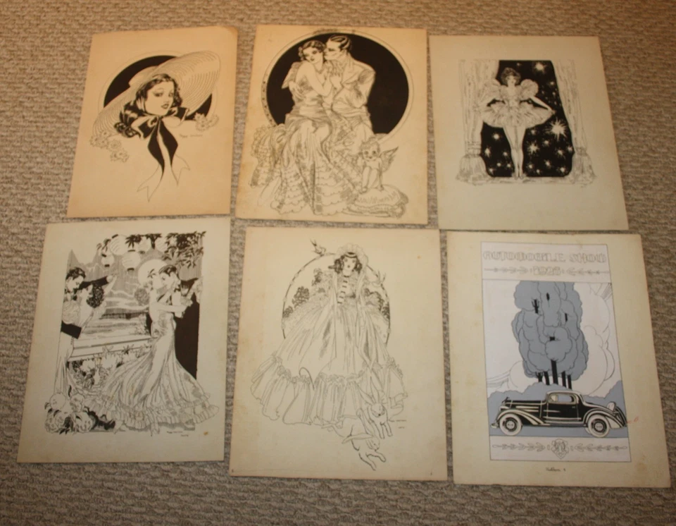 Lote de 6 desenhos femininos vintage Art Nouveau show automático - Imagem 1 de 4